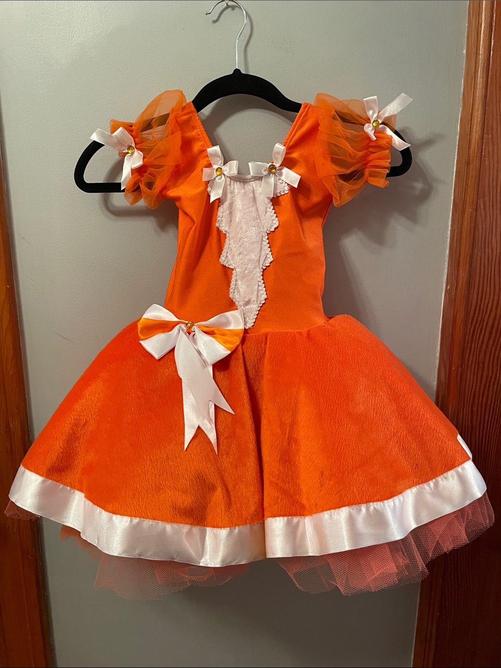 FUZZY FOX TAIL Orange Halloween Girls Tulle Party Costume Dress w White Ribbon
